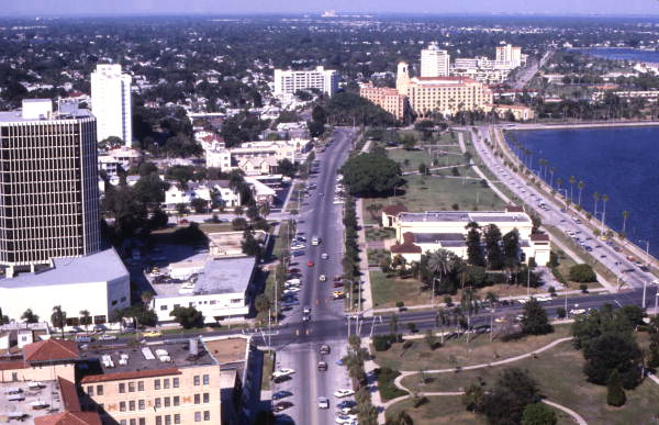 Bird's-eye view looking north over Waterfront Park toward the Vinoy and Old Northeast