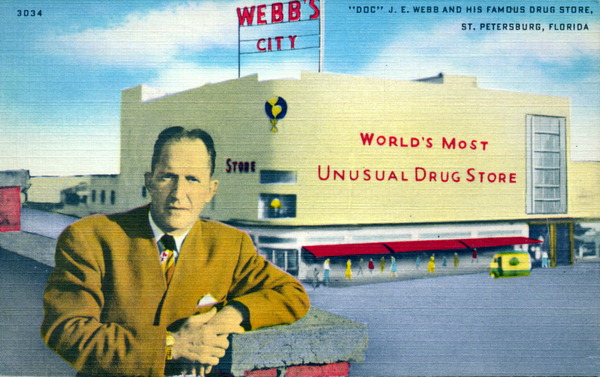Postcard of Doc J.E. Webb and his famous drug store, Saint Petersburg, Florida