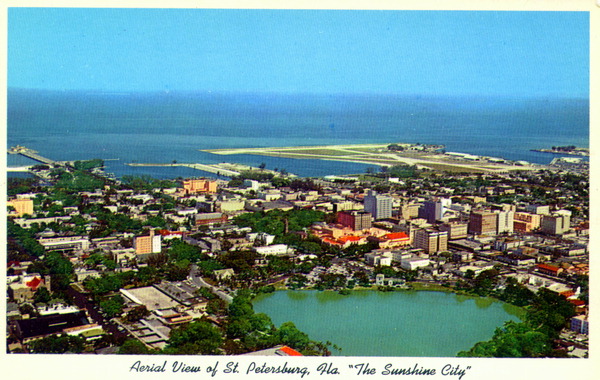 Aerial view of Mirror Lake and downtown St. Petersburg with Tampa Bay in the distance