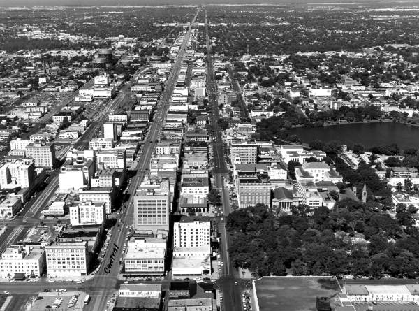 Aerial view of business district looking west along Central Avenue, 1960